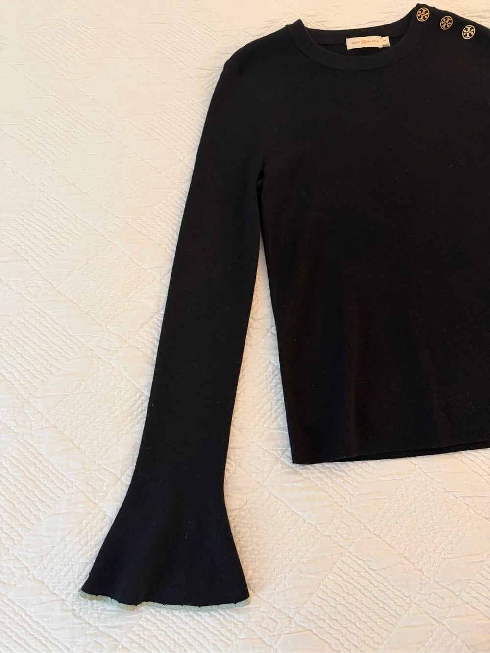 Tory Burch Kimberly Black Merino Wool Sweater with Bell Sleeves